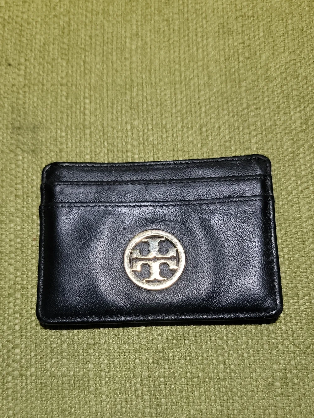 Tory Burch Black Leather Card Holder with Gold Emblem